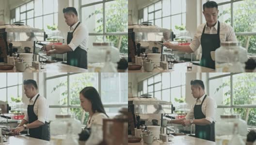 在自助餐厅准备咖啡的成熟咖啡师高清在线视频素材下载