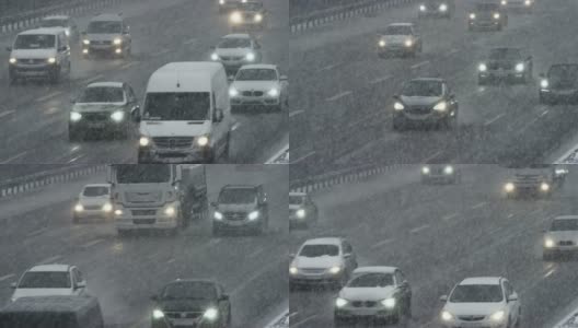 暴风雪中高速公路上的交通高清在线视频素材下载