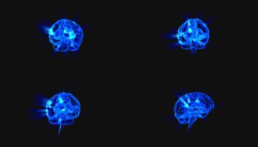 有神经冲动的人类大脑。蓝色的人脑发光并旋转旋转。智慧的光芒，蓝色的大脑活动。3D渲染动画背景高清在线视频素材下载