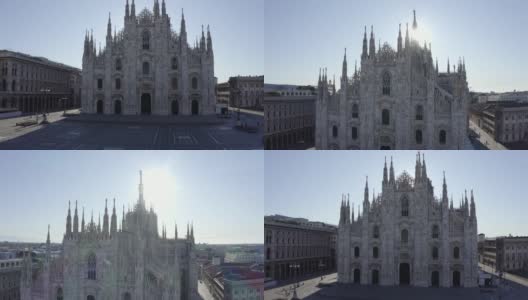 2020年大流行封锁期间，无人机拍摄的米兰大教堂、大教堂广场和城市景观。空城的早晨。高清在线视频素材下载