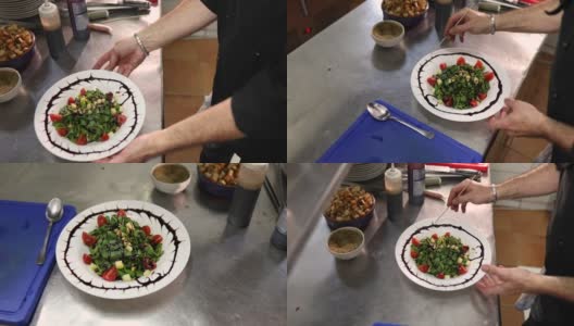 创意厨师，用酱汁装饰沙拉碗，做出有趣的形状高清在线视频素材下载