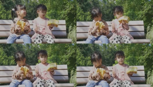 在公园野餐时，孩子们吃面包高清在线视频素材下载