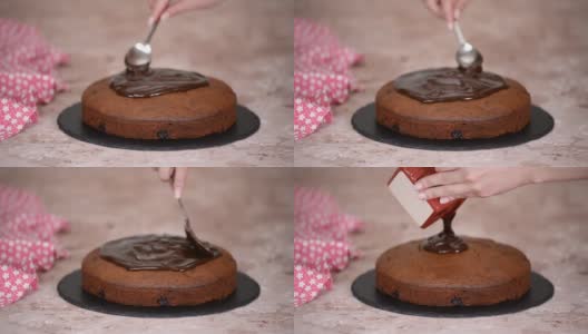 把巧克力浇在水果蛋糕上。高清在线视频素材下载
