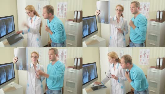 女医生在x光片上给病人看他的伤势。高清在线视频素材下载