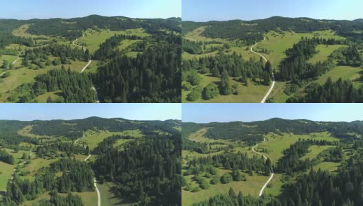 图片:在阳光明媚的斯洛文尼亚，一条乡间小路穿过田园诗般的森林山丘高清在线视频素材下载