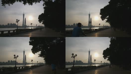 日落广州桥广州塔滨江步行街湾慢镜头全景4k中国高清在线视频素材下载