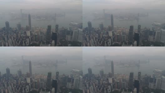 中国香港城市景观著名的海湾空中晨雾日出全景4k高清在线视频素材下载