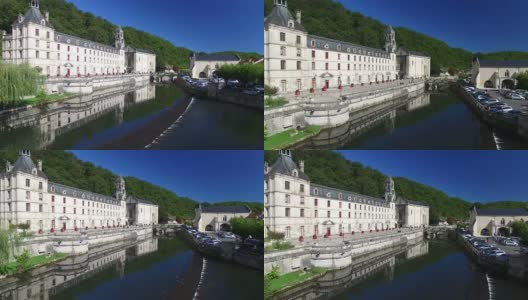 布兰托姆的本笃会修道院和河流的鸟瞰图高清在线视频素材下载