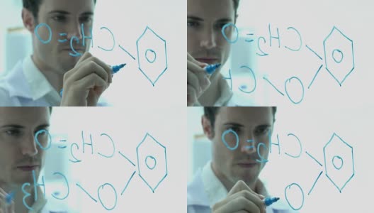 在现代实验室或医学中心的玻璃墙上书写分子式的科学家。科学的理念，测试发展和实验室产业。高清在线视频素材下载