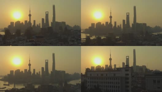 日出时分的上海天际线。黄埔和陆家嘴区。中国鸟瞰图高清在线视频素材下载