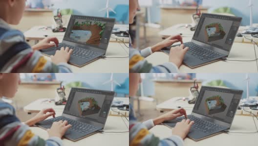 小学计算机科学课堂:一个孩子用笔记本电脑设计3D游戏，在战略角色扮演电子游戏中构建关卡高清在线视频素材下载
