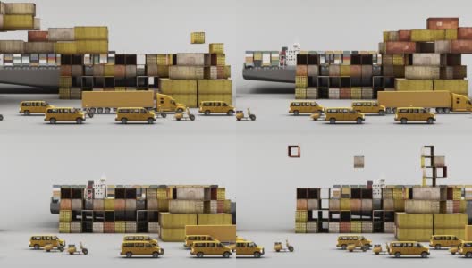全球范围内的货物集装箱运输概念在黄色色调的卡车和货车3d渲染高清在线视频素材下载