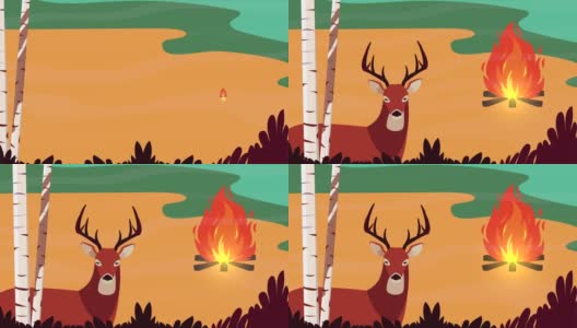你好秋季动画与野生驯鹿和篝火森林场景高清在线视频素材下载