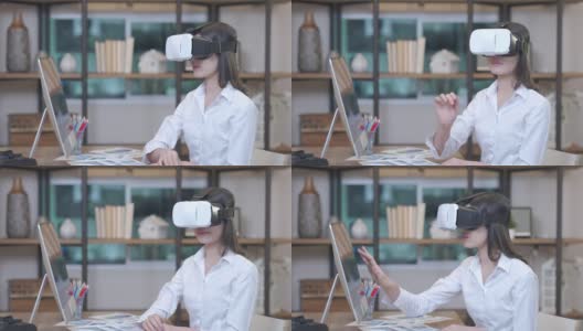 亚洲女性工作与虚拟现实齿轮耳机在家里高清在线视频素材下载