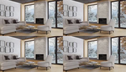 白色斯堪的纳维亚客厅与生态壁炉。现代室内概念。冬天农村背景。高清在线视频素材下载