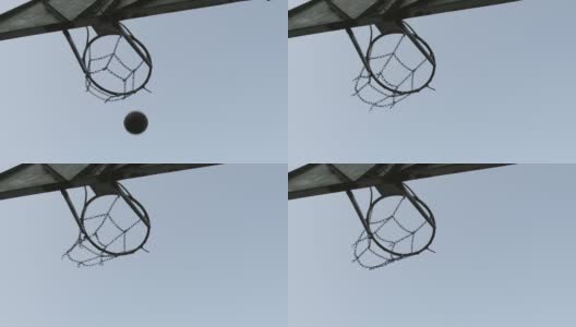 篮球在户外穿过篮筐。底视图高清在线视频素材下载