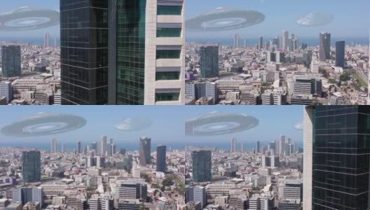 外星人ufo入侵飞碟在大城市，3d插图高清在线视频素材下载
