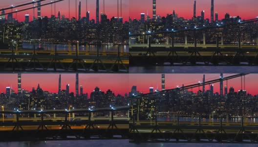曼哈顿中城在夜晚照亮了天际线。RFK桥上的风景和交通。无人机镜头与平移摄像机运动。高清在线视频素材下载
