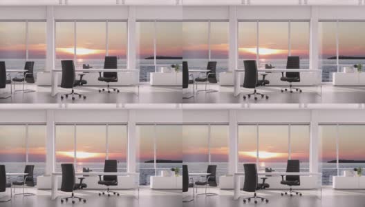 从商务办公室的窗户眺望海面上的夕阳。背景板，色键视频背景。高清在线视频素材下载