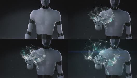 机器人触摸大脑连接数字线，4K大小的电影。人工智能发展。2.高清在线视频素材下载