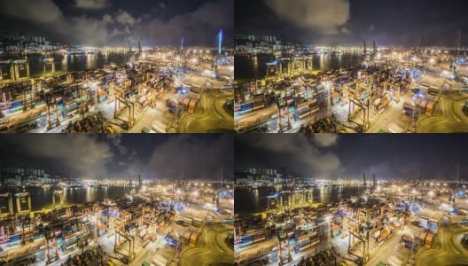香港货柜码头夜间的时间推移-香港葵青货柜码头是世界上最繁忙的港口之一。高清在线视频素材下载