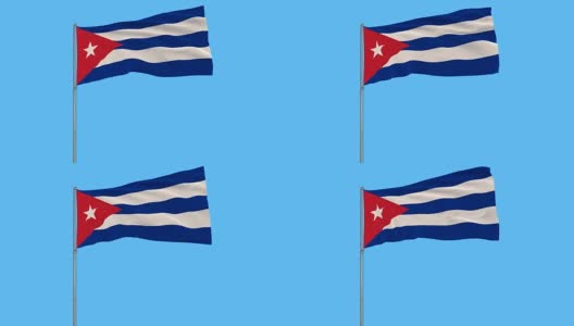 孤立的古巴国旗在蓝色背景的旗杆上迎风飘扬，3d渲染高清在线视频素材下载