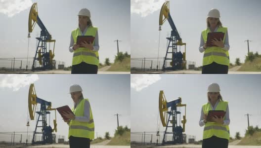 美丽的工程女性评估工作在她的数字平板在油田行业满意她的工作高清在线视频素材下载