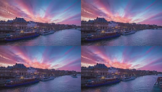 法国日落天空巴黎著名的塞纳河大桥艺术河畔全景，4k时间流逝高清在线视频素材下载