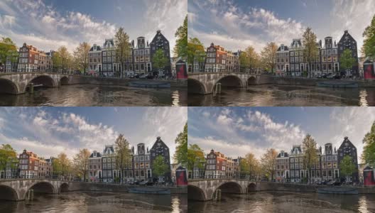 阿姆斯特丹城市天际线日落时间流逝在运河滨水，阿姆斯特丹，荷兰，4K时间流逝高清在线视频素材下载