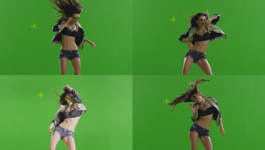 几张照片!热女孩跳舞。缓慢的运动。身体上有真正的闪光灯。绿色的屏幕。色度键。用红色史诗电影摄像机拍摄。高清在线视频素材下载