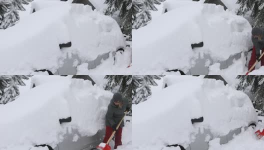 在车前铲雪的女人。高清在线视频素材下载