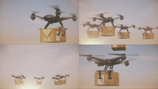 运送无人机-一组四旋翼飞行器运送包裹。高清在线视频素材下载