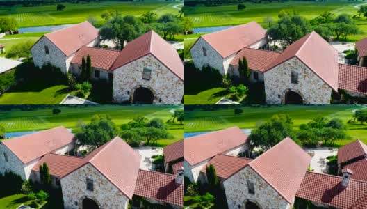 Ranch Homes的鸟瞰图，背景是葡萄酒田高清在线视频素材下载