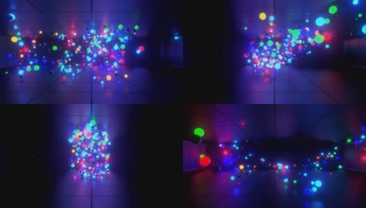 3D抽象创意动画背景与霓虹灯多色球内的相机，反射墙。发光的球在暗室里飞行。霓虹灯闪烁着美丽的光芒。高清在线视频素材下载