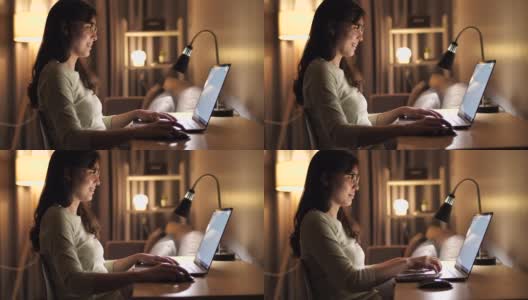 亚洲女人在家里使用笔记本电脑没有晚上高清在线视频素材下载