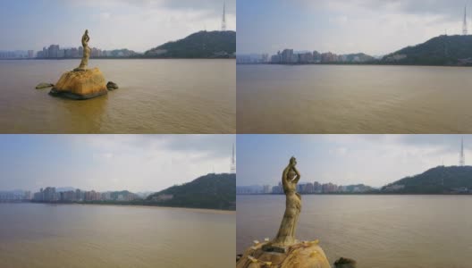 珠海市白天时间著名的渔女纪念碑湾航拍全景4k中国高清在线视频素材下载