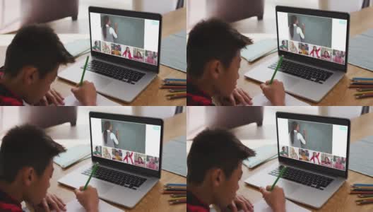 亚洲男孩在家里用笔记本电脑做作业，与老师和同学开视频会议高清在线视频素材下载