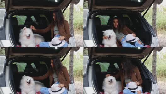 一位戴着时髦帽子的女士带着一只狗坐在一辆车里去大自然旅行。野营的时候,旅行。高清在线视频素材下载