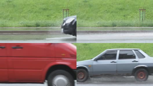 高速行驶的汽车在被水淹没的道路上溅起脏水。高清在线视频素材下载