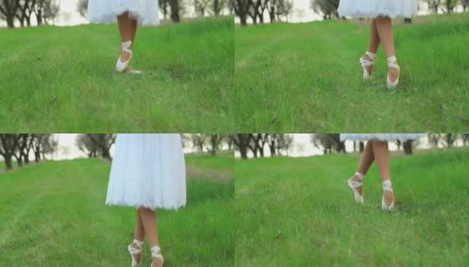 一名年轻的芭蕾舞女演员穿着白色婚纱，踮着脚尖在苹果园的草地上摆姿势。这是120帧/秒的特写镜头高清在线视频素材下载