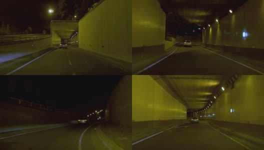 夜间通过隧道进入高速公路的汽车高清在线视频素材下载