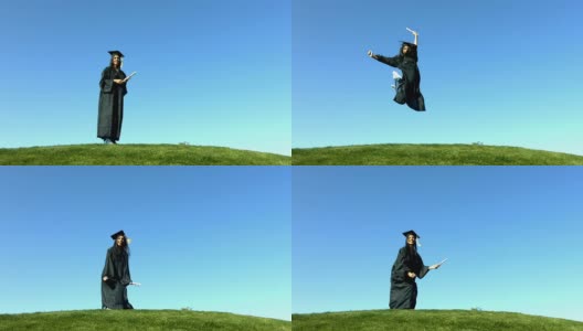 毕业生跳跃和庆祝，慢动作高清在线视频素材下载