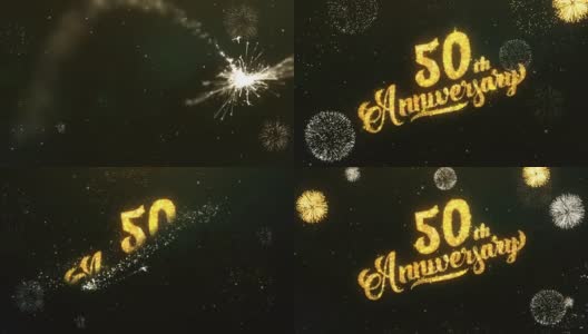 50周年的问候和祝愿卡由闪光粒子和火花照亮黑暗夜空与彩色烟花4k背景。高清在线视频素材下载