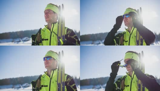 越野滑雪者在冬季景观高清在线视频素材下载