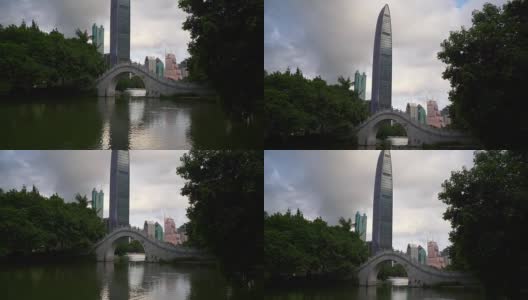 晴天深圳城市公园湖著名摩天大楼慢镜头全景4k中国高清在线视频素材下载