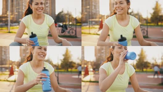 美丽的女运动员在慢跑后喝水和补水高清在线视频素材下载