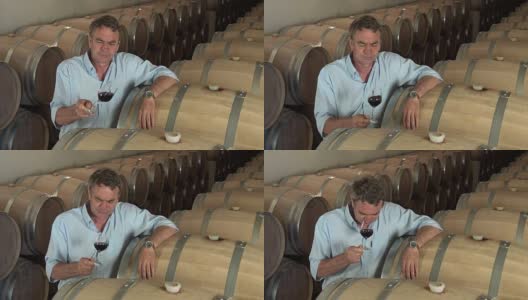 法国波尔多，圣爱美浓，一名男子在酒窖品尝葡萄酒，高清在线视频素材下载