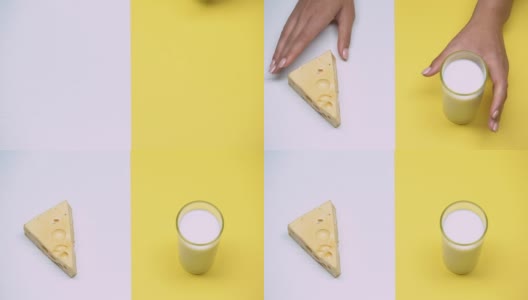 奶酪和牛奶微距拍摄，天然有机乳制品，食品高清在线视频素材下载