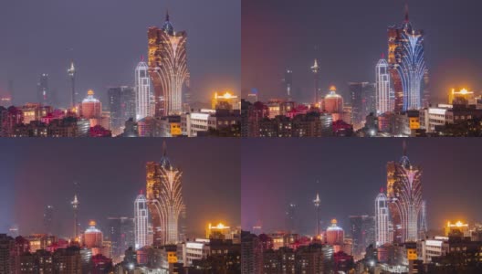 暮色中的澳门，中国城市天际线。高清在线视频素材下载