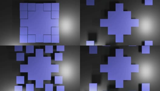 蓝色方块分散成许多小方块，从中心向外扩散——3D渲染图高清在线视频素材下载